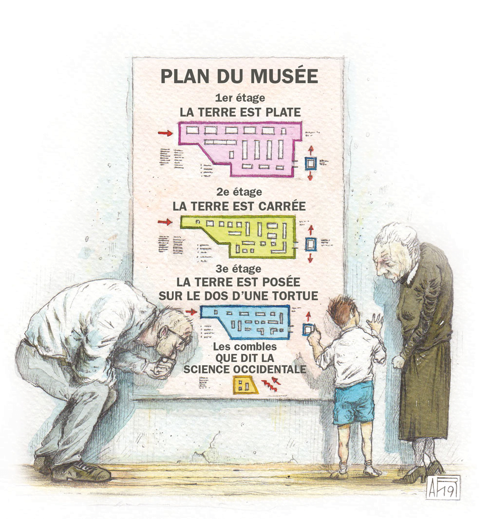 Illustration d'un plan de musée énonçant à chaque étage : la terre est plate, la terre est carrée, la terre est posée sur le dos d'une tortue. En bas : "les combles, que dit la science occidentale"