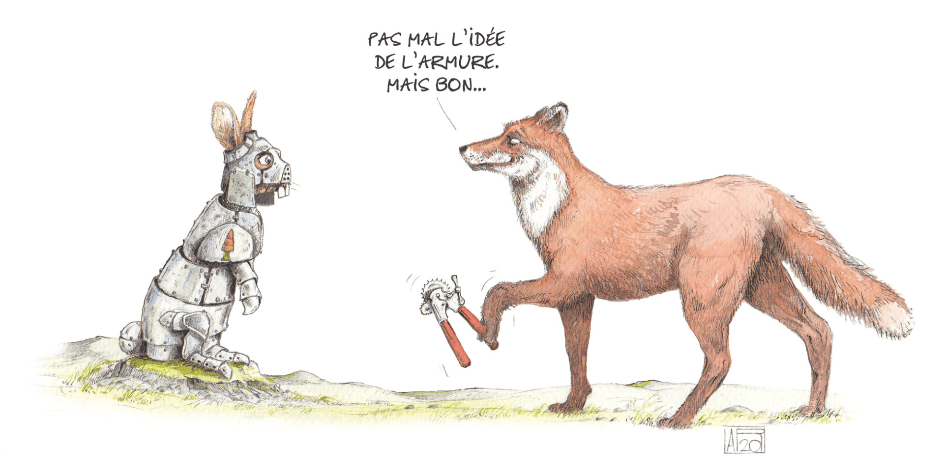 Un renard tient un ouvre boîte et dit à un lapin en armure et lui dit "Pas mal l'idée de l'armure mais bon ..."