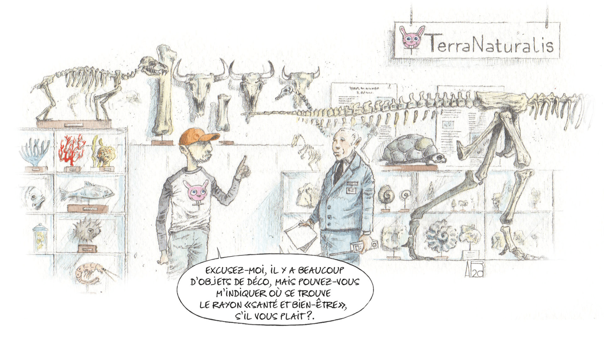 Scène dans un musée. Un jeune homme demande au gardien :" Excusez-moi, il y a beaucoup d'objets de déco, mais pouvez-vous m'indiquer ou se trouve l" rayon "Santé et Bien-être" S'il vous plaît ?
